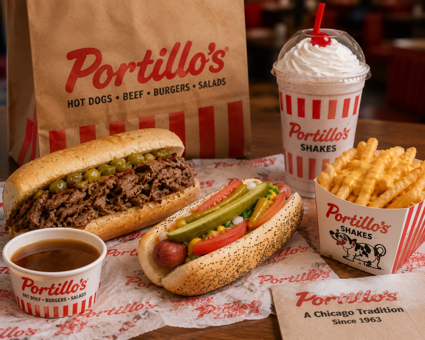 Portillo's Delivery 2 Portillo's Italian Beef Sandwich, hot dog, cheese fries, and shake sample order
